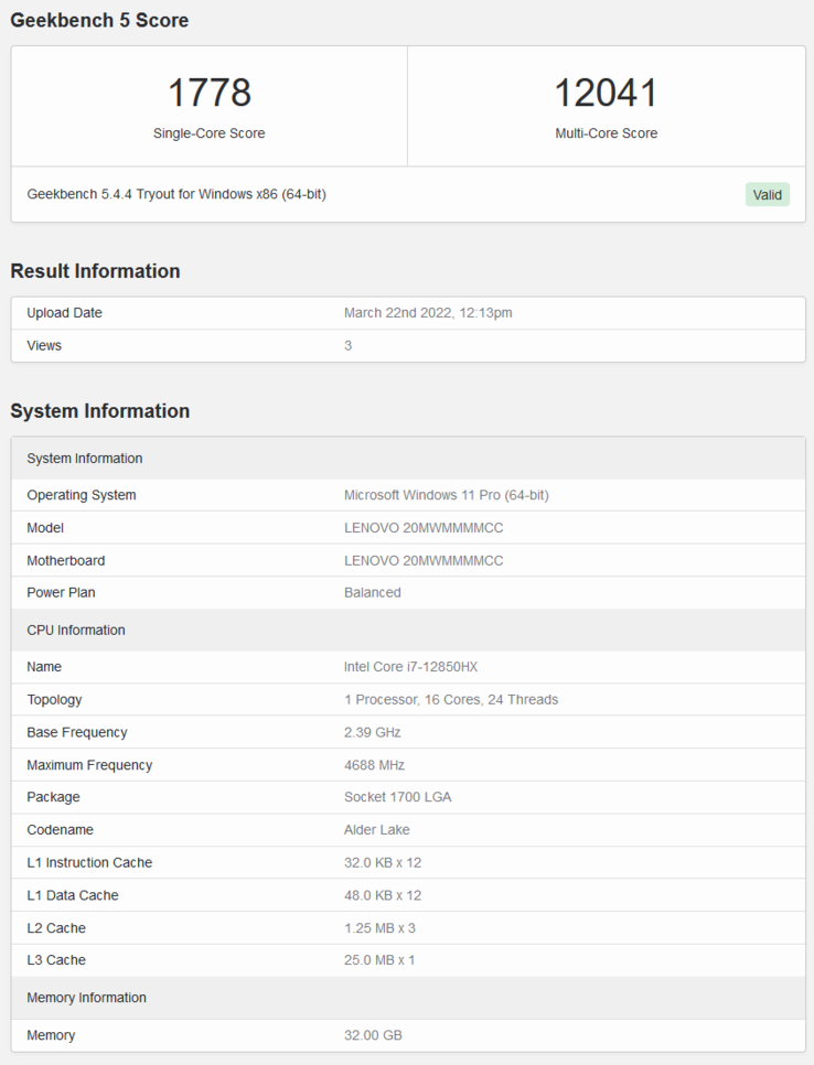 Intel Core i7-12850HX score Geekbench (imagem via Geekbench)