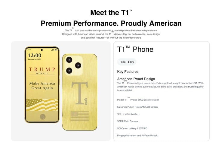 A página de produto do Trump T1 Phone removeu todas as afirmações de que o dispositivo é fabricado nos EUA.