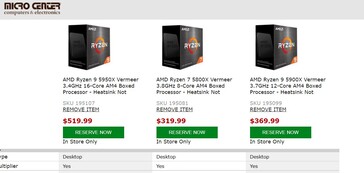 Preços atuais das CPUs Zen 3 AMD Ryzen no Micro Center. (Fonte: Micro Center)