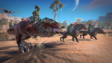 Uma imagem mostrando amazonas e dinossauros em *Age of Wonders: Planetfall*.