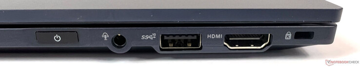 Conexões à direita: 1x conector 3,5 mm (Mic-In / Audio-Out combinado), 1x USB 3.2 Gen-2 (10GBit/s), 1x HDMI 2.0b, 1x Kensington