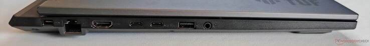 Esquerda: Unidade de fonte de alimentação, Gigabit Ethernet, HDMI 2.1 FRL, USB-C 3.2 Gen2 (10 Gbps, DisplayPort 2.1-out), USB-C 3.2 Gen.2 (10 Gbps, DisplayPort 2.1-out, G-Sync, Power Delivery 3.0), USB-A 3.2 Gen2 (10 Gbps), conector de áudio de 3,5 mm