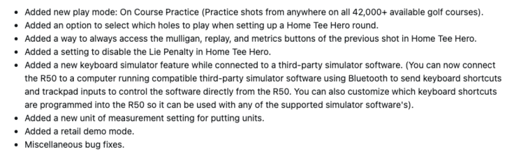 O registro de alterações do software de sistema 8.40 para o Garmin Approach R50 (Fonte da imagem: captura de tela do fórum da Garmin)