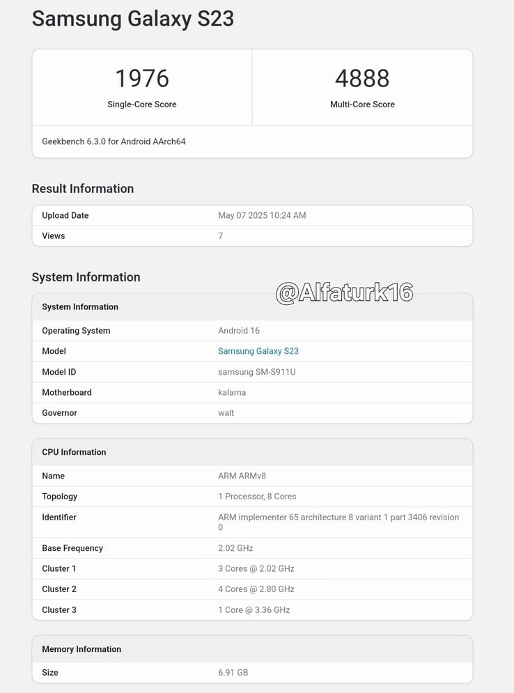 Um "Galaxy S23" parece rodar Android 16 no Geekbench. (Fonte: Geekbench via @Alfaturk16 on X)
