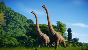 Uma imagem mostrando dois Braquiossauros em Jurassic World Evolution.