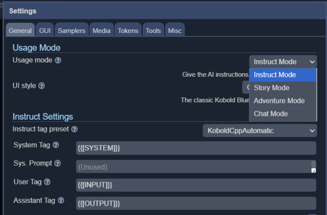 Instruct é usado para dar instruções ao LLM, chat é semelhante a um chatbot, story é bom para escrever no estilo de romance e adventure é melhor para ficção interativa no estilo RPG.