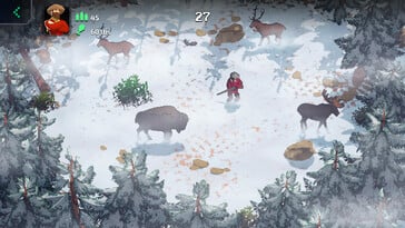 Uma imagem mostrando um personagem e animais em The Oregon Trail.