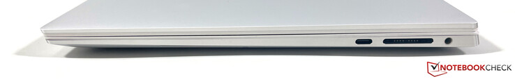 Lado direito: USB-C 3.2 Gen.2, leitor de cartões SD, conector estéreo de 3,5 mm