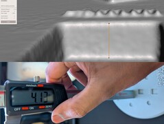 Medição da profundidade de 4 mm no Scanbench no MeshMixer (em cima) vs. medição com paquímetro (embaixo)