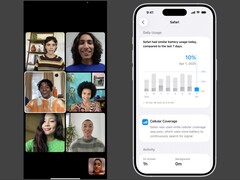 Imagem de estoque de uma chamada do FaceTime (esquerda) e configurações de integridade da bateria do iOS (direita).