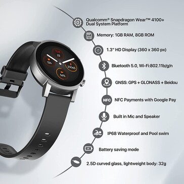 O TicWatch E3 tem hoje a plataforma de sistema duplo Snapdragon Wear 4100+. (Fonte da imagem: Mobvoi)