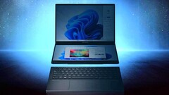 Quando iluminado, o laptop com tela dupla apresentado pela Asus parece uma alternativa ao Lenovo Yoga Book 9i. (Imagem: Asus, editado)