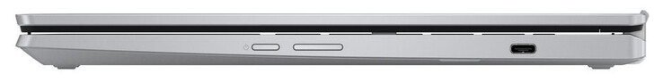 Lado direito: Botão de alimentação, balancim de volume, USB 3.2 Gen 1 (USB-C; Fornecimento de energia, DisplayPort)