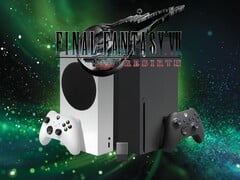 Logotipo de Final Fantasy 7 Rebirth acima dos consoles Xbox e armazenamento