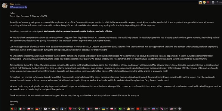 Anúncio de remoção do Denuvo da InZOI (Fonte da imagem: captura de tela, discord da InZOI)