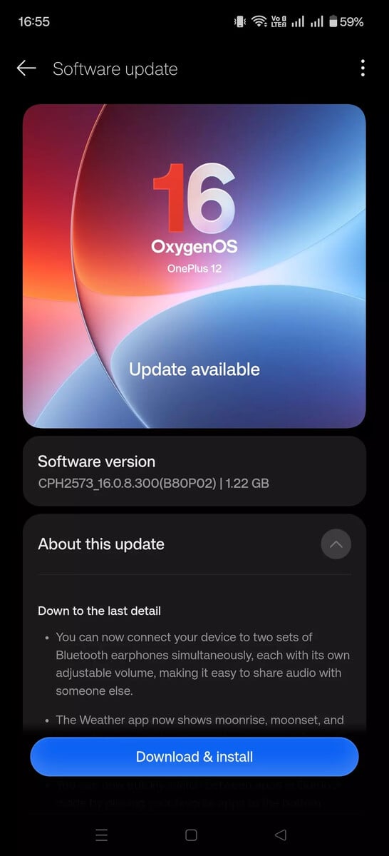Tela de atualização de software do OnePlus 12 exibindo a atualização OxygenOS 16.0.8.300, destacando o novo suporte a áudio Bluetooth duplo e outras novidades.