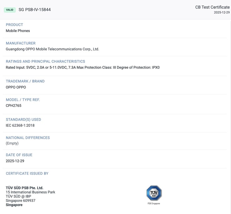 Certificação da TÜV SÜD para o Oppo Find N6. (Fonte da imagem: TÜV SÜD)