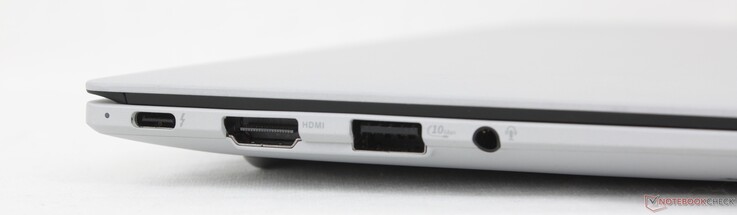 Esquerda: USB-C 4.0 Thunderbolt 4 com DisplayPort + Power Delivery, HDMI 2.1 TMDS, USB-A 3.2 Gen. 2, fone de ouvido de 3,5 mm