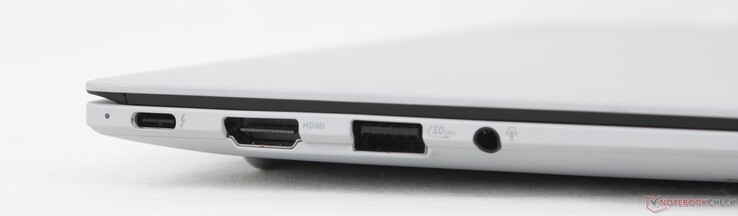 Esquerda: USB-C 4.0 Thunderbolt 4 com DisplayPort + Power Delivery, HDMI 2.1 TMDS, USB-A 3.2 Gen. 2, fone de ouvido de 3,5 mm