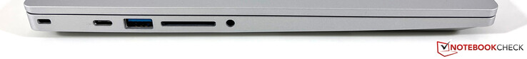 Esquerda: Fechadura Kensington, USB-C 3.2 gen. 2 (10 Gb/s, Modo DisplayPort ALT 1.4, Alimentação), USB-A 3.2 gen. (5 Gb/s), leitor de cartões, áudio 3.5-mm