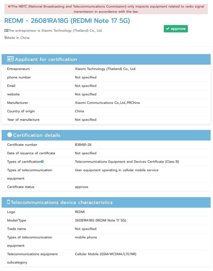 Certificação NBTC do Redmi Note 17 Pro Max.