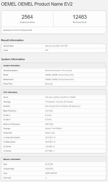 Suposto Surface Laptop Studio 2 com um Core i7-13800H e 64 GB de RAM. (Fonte: Geekbench)