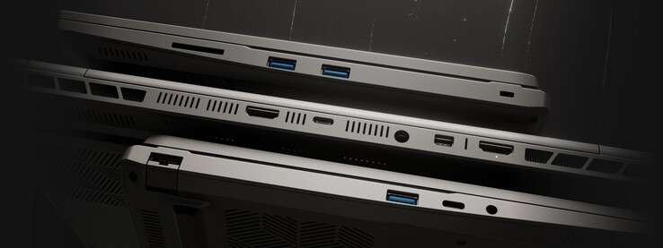 O laptop para jogos Tuxedo InfinityBook Max 15 apresenta um conjunto decente de portas. (Fonte da imagem: Tuxedo)