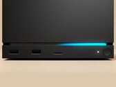 Vista frontal da Valve Steam Machine com duas portas USB, uma porta USB-C, um LED de energia, um botão de energia redondo e uma faixa de LED azul. (Fonte da imagem: Valve)