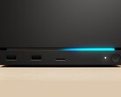 Vista frontal da Valve Steam Machine com duas portas USB, uma porta USB-C, um LED de energia, um botão de energia redondo e uma faixa de LED azul. (Fonte da imagem: Valve)