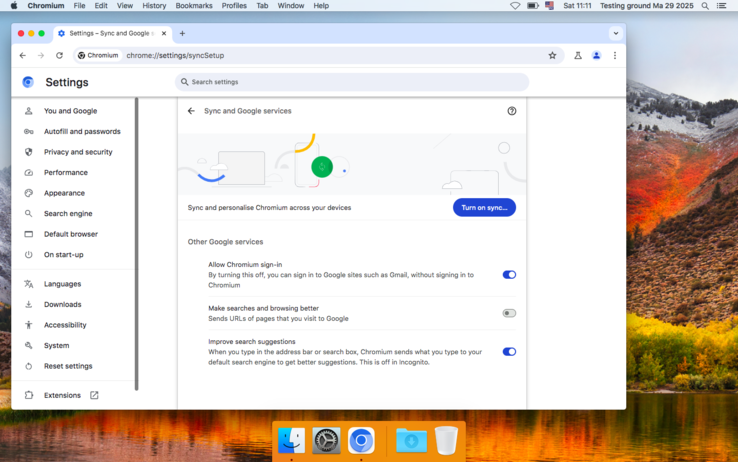 Chromium Legacy 127 no macOS 10.13 - o conjunto de configurações parece bastante padrão (Fonte da imagem: Captura de tela - Notebookcheck)