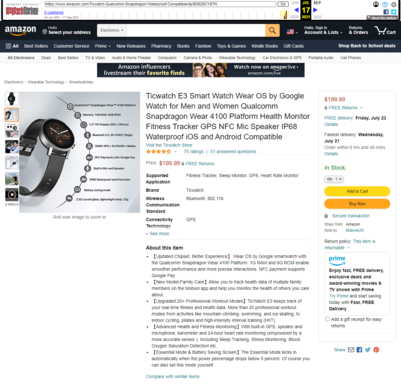 Mobvoi descreveu o TicWatch E3 como tendo o Wear 4100 em julho. (Fonte de imagem: Web Archive &amp; Amazon)