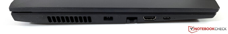 Esquerda: alimentação (ponta fina), Gigabit ethernet, HDMI 2.0, USB-C 3.2 Gen 1