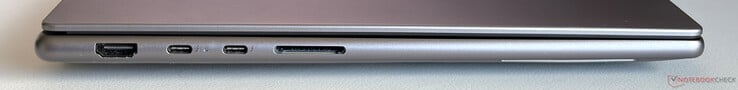 Esquerda: HDMI 2.1, 2x USB-C 4.0 com Thunderbolt 4 (40 Gbps, DisplayPort 2.1, fornecimento de energia), leitor de cartão SD