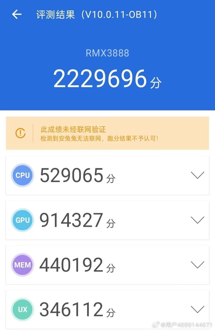 As pontuações preliminares do suposto GT5 Pro no AnTuTu Benchmarking. (Fonte: Usuário 4699144671 via Weibo)