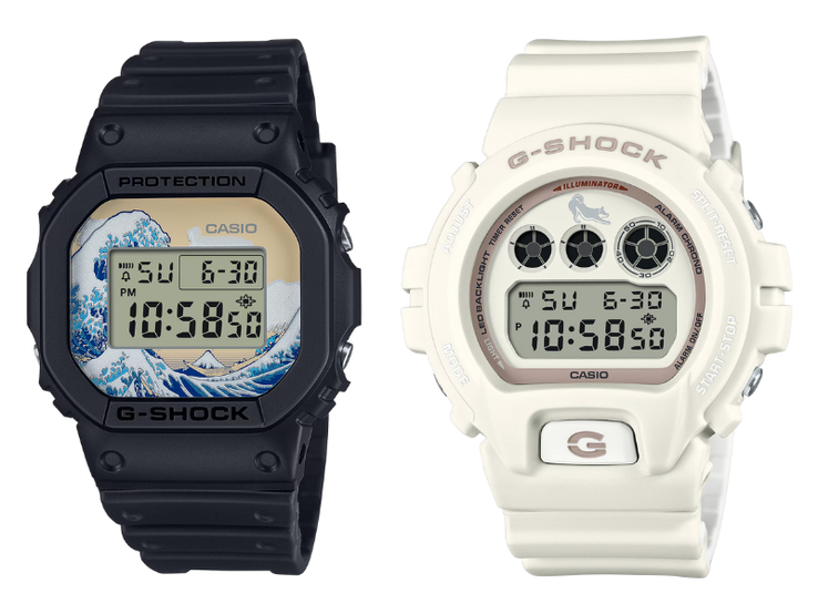 Os antigos relógios Casio G-Shock DW-5600KHK24-1 (esquerda) e DW-6900SHB-7 (direita). (Fonte da imagem: Casio, editado)