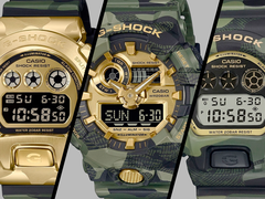 A Casio está lançando quatro novos relógios com temas camuflados e dourados em junho (GA-V01CMG-3A não está presente na imagem)