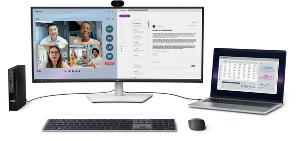 O monitor de conferência com hub USB-C Dell Pro P 34 tem botões capacitivos para equipes e controle de chamadas.