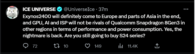 Tweet excluído do Ice Universe sobre o Exynos 2400 (imagem via Twitter)