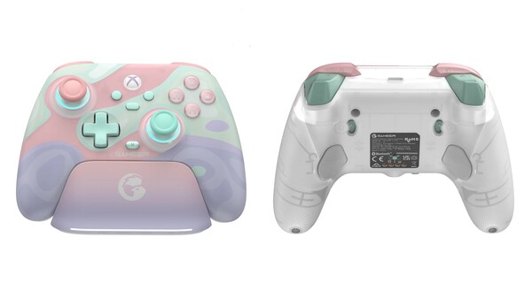 O GameSir T7 Pro Sugar Whirl tem uma base de carregamento e dois botões traseiros.