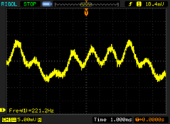 PWM cintilando a 0% de brilho, oscilando em torno de 221,2 Hz