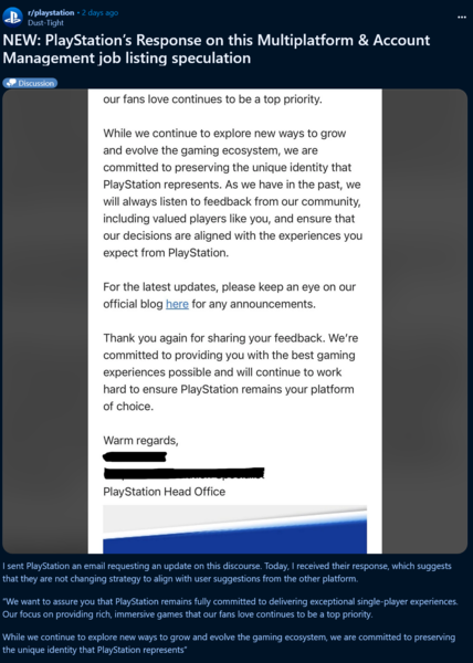 Resposta da PlayStation à reclamação sobre jogos multiplataforma do PS5 (Fonte da imagem: captura de tela, PlayStation subreddit)