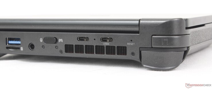 Parte traseira: USB-A (10 Gbps), leitor MicroSD, fone de ouvido de 3,5 mm, interruptor do controlador/mouse, USB-C 3.2 Gen. 2 (10 Gbps), USB-C 4.0, botão Reset