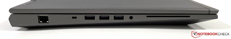 Lado esquerdo: Ethernet, slot para uma fechadura de segurança nano, 3x USB 3.2 Gen 1 (1x alimentado), conector estéreo de 3,5 mm, SmartCard