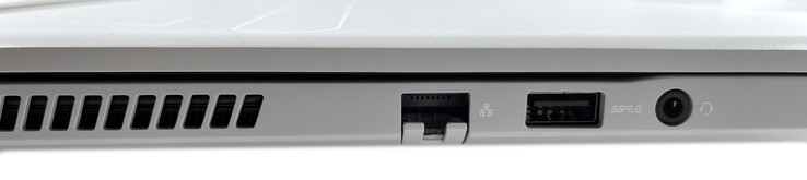 Esquerda: Slot para cabo de segurança (fora da área de imagem), porta Ethernet 2,5 Gb/s, USB 3.1 Gen. 1 com PowerShare, conector de áudio combinado