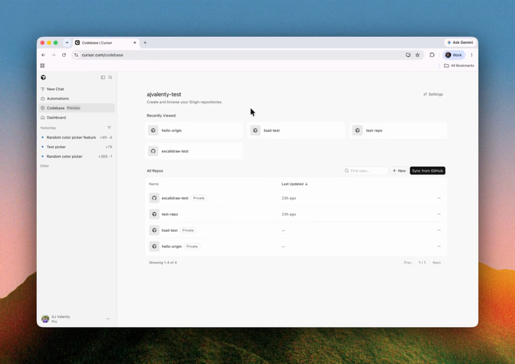 A interface do Origin, um recurso do Cursor