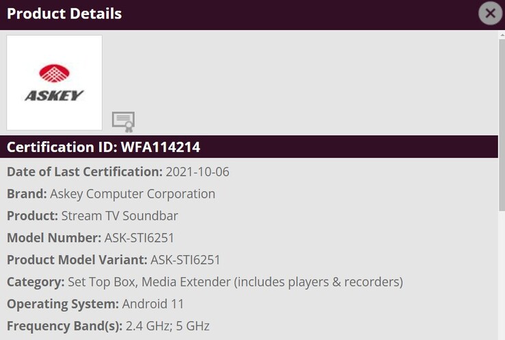 O "Verizon Stream TV Soundbar" aparece em novos vazamentos. (Fonte: Wi-Fi Alliance via Android TV Guide)