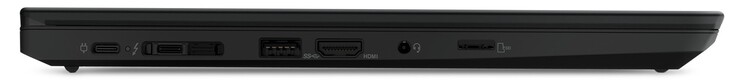 Lado esquerdo: 2x Thunderbolt 4 (fonte de alimentação, inclui DisplayPort 1.4, PD 3.0), porta de acoplamento, 1x USB-A 3.2 Gen 2, HDMI 2.0, conector de áudio combinado, leitor de cartão microSD