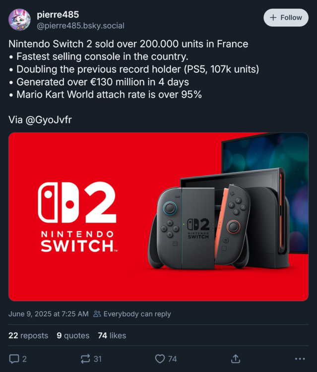 Vendas do console Switch 2 na França (Fonte da imagem: captura de tela, conta Bluesky de pierre485)
