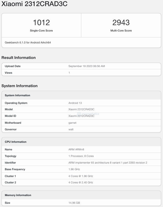 Redmi Note 13 Pro no Geekbench (imagem via MySmartPrice)