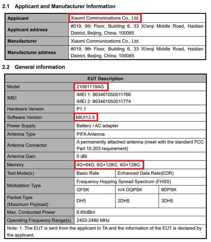 Especificações da Redmi 10. (Fonte da imagem: FCC)